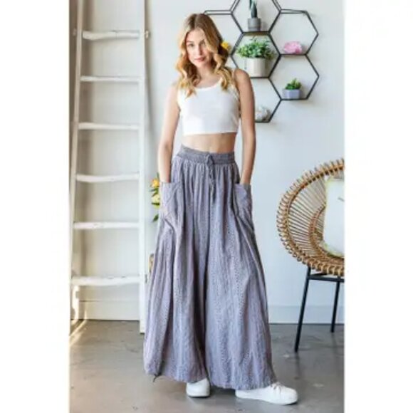 058 Oli & Hali Mineral Washed Wide Leg Lavendar Eyelet Knit Pants NEW Size Large